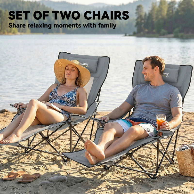 Set of 2 Reclining Camping Chairs for Shared Outdoor Comfort with Cup Holders Grey Black