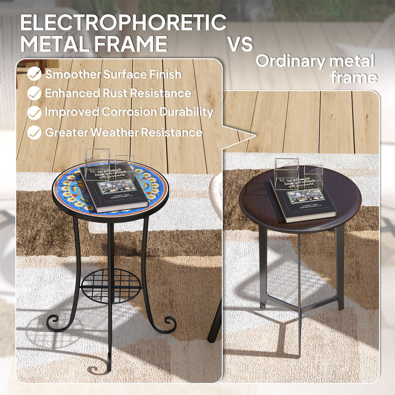 Blue Mosaic Garden Table 35.5 cm Round Ceramic Tile Top with Shelf for Patio Balcony Indoor by Outsunny