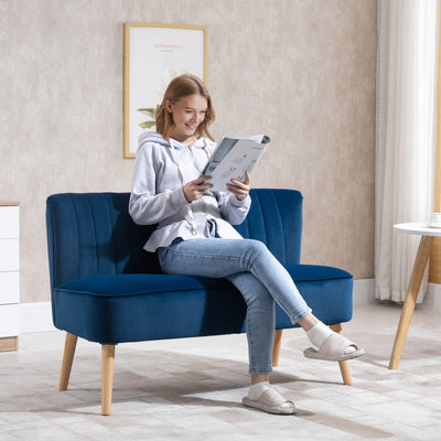 2 Seater Sofa, Dark Blue Velvet Sofa With Foam Padding High Back For Small Spaces
