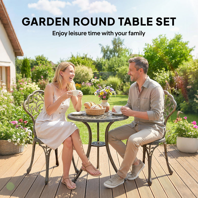 Aluminium Garden Bistro Set for Small Patios and Balconies with Leaf Design, Brown