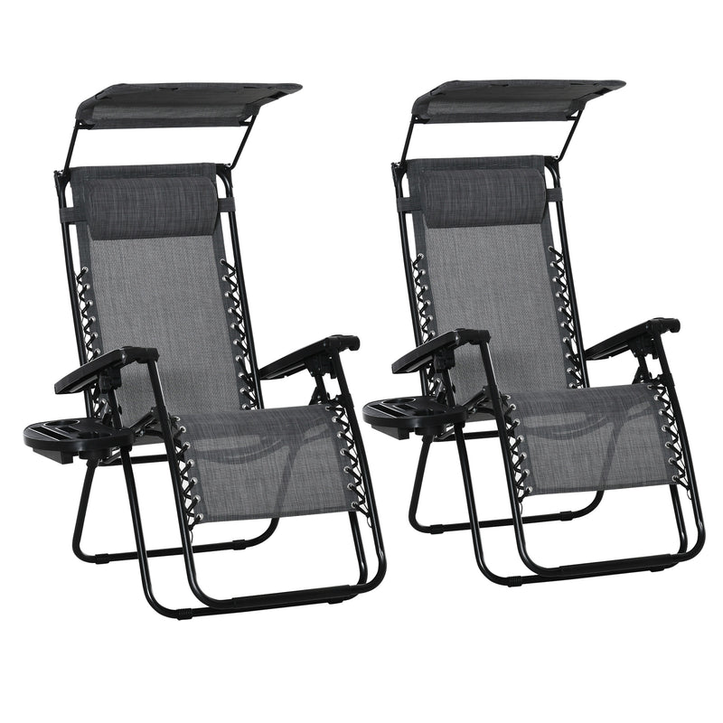 Light Grey Reclining Zero Gravity Garden Chairs With Headrest Canopy And Cup Holder