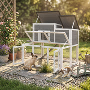 Two Level Rabbit Hutch with Easy Clean Tray and Secure Run for Indoor or Outdoor Use Grey AOSOM
