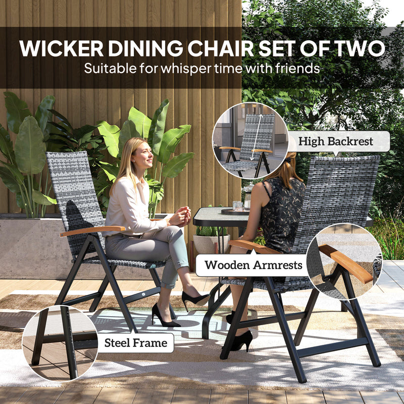 2 Piece Outdoor Folding Dining Chairs with Armrests and High Back for Garden and Camping Grey Rattan by Outsunny