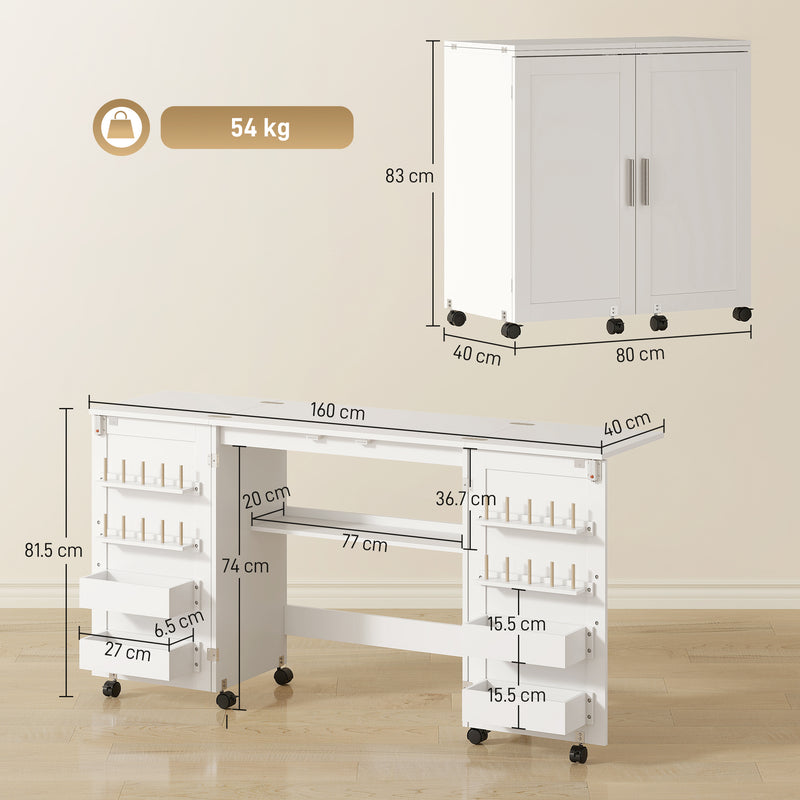 Folding Sewing Table with Storage and Wheels for Compact Home Craft Spaces White AOSOM