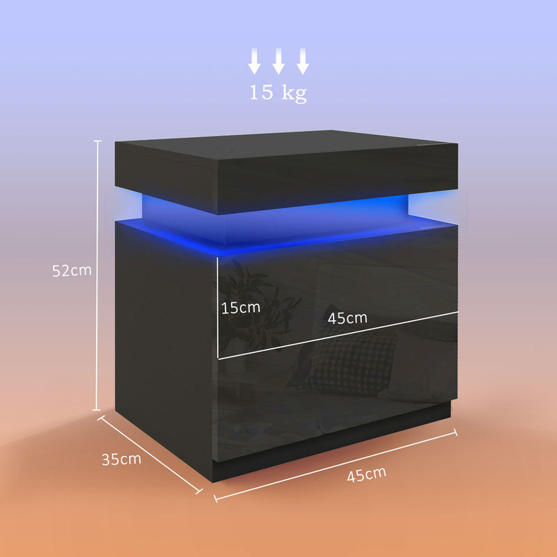 HOMCOM High Gloss Front Bedside Tables Set of 2, Nightstands with RGB LED Light and 2 Drawers, Chest of Drawers for Bedroom, Living Room, Black AOSOM