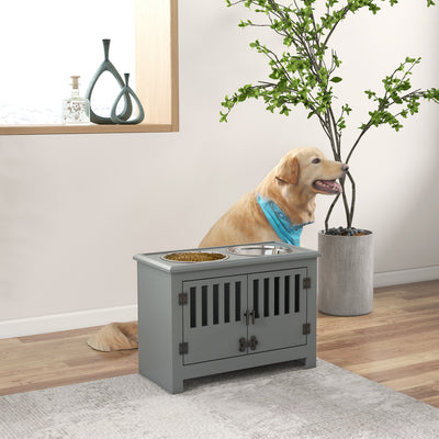 Raised Dog Feeding Station With Storage And Stainless Steel Bowls For Large Dogs, Grey
