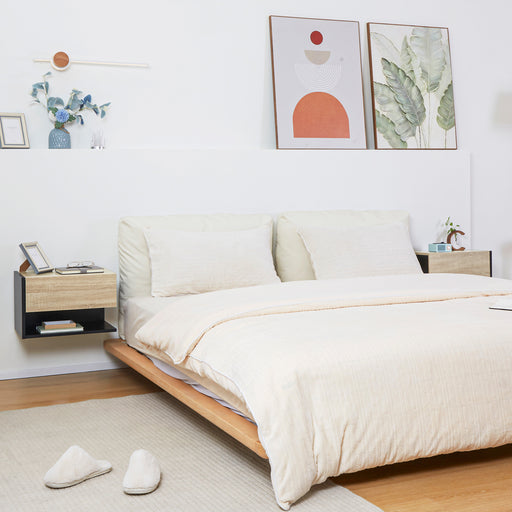 Wall Mounted Bedside Tables Set of 2 With Drawer and Shelf Modern Bedroom Oak Tone