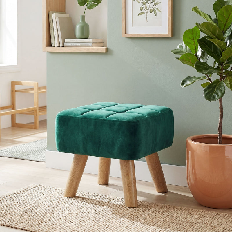 HOMCOM Velvet Square Padded Footstool - Dark Green AOSOM