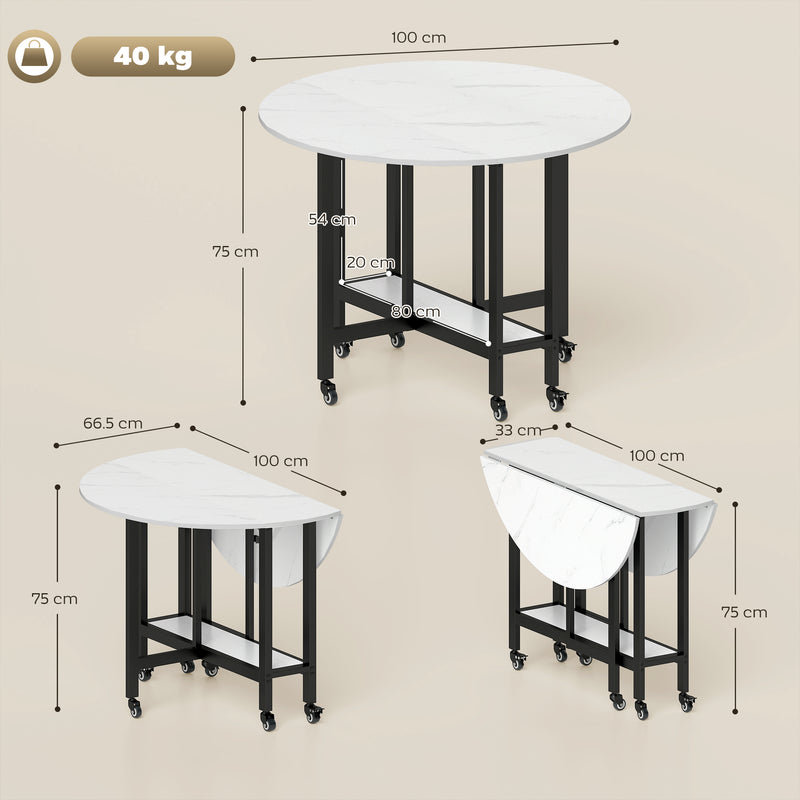 Folding Dining Table with Storage Shelf and Wheels for Small Spaces White Marble Homcom