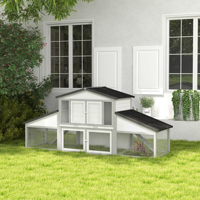 Large Wooden Rabbit Hutch with Run and Slide-Out Tray for Outdoor Use Light Grey