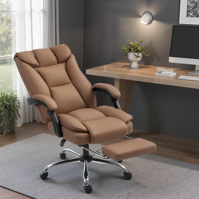 Reclining Faux Leather Swivel Office Chair with Padded Armrests and Footrest Brown