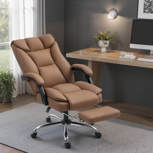 Reclining Faux Leather Swivel Office Chair with Padded Armrests and Footrest Brown