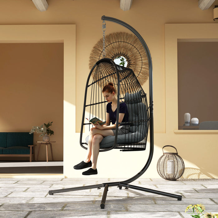 Dark Grey Hanging Egg Chair Rattan Swing Seat with Cushion and Headrest for Garden or Indoor by Outsunny