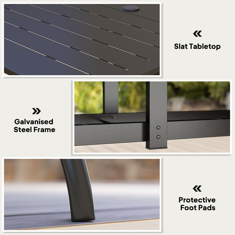 Black Rectangular Garden Dining Table with Parasol Hole Steel Frame 150cm x 90cm