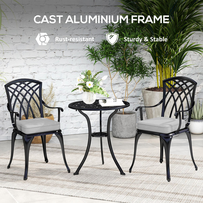 3 Piece Cast Aluminium Garden Bistro Set with Cushions and Parasol Hole Black by Outsunny