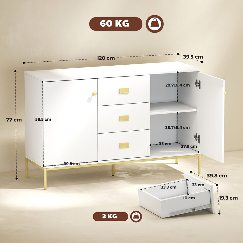 Sideboard with Adjustable Shelves and Drawers for Tidy Lounge or Dining Room Storage White