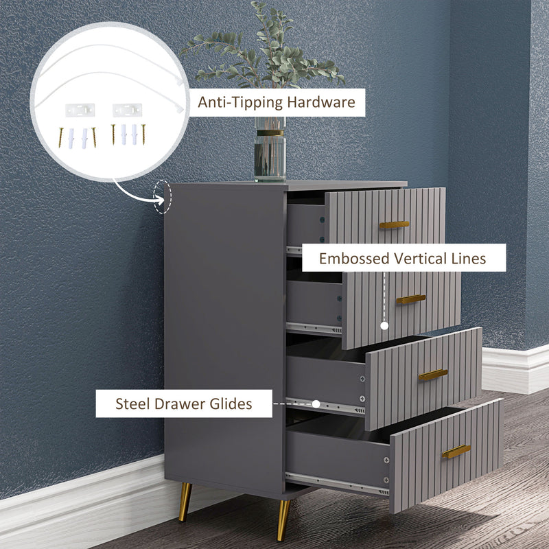 Four Drawer Bedroom Dresser with Embossed Lines Ideal for Storage Organisation Grey Gold