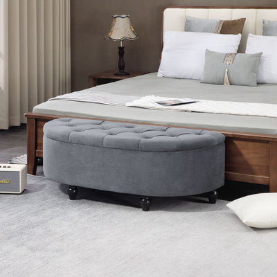 Velvet Feel Half Moon Storage Ottoman Seat With Hidden Compartment, Dark Grey