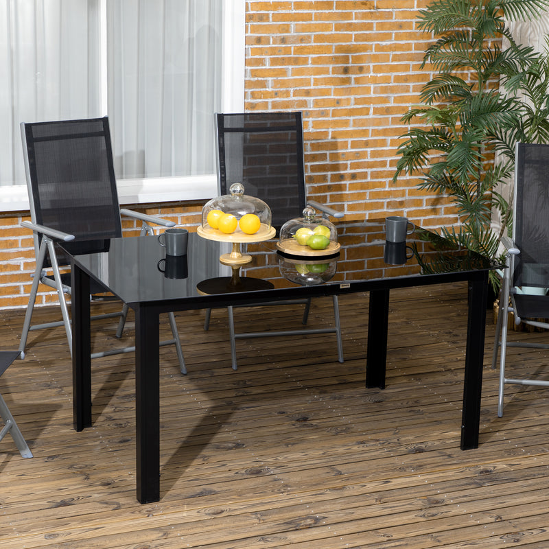 Black 6 Seater Aluminium Rectangular Garden Table with Tempered Glass Top for Patio Dining