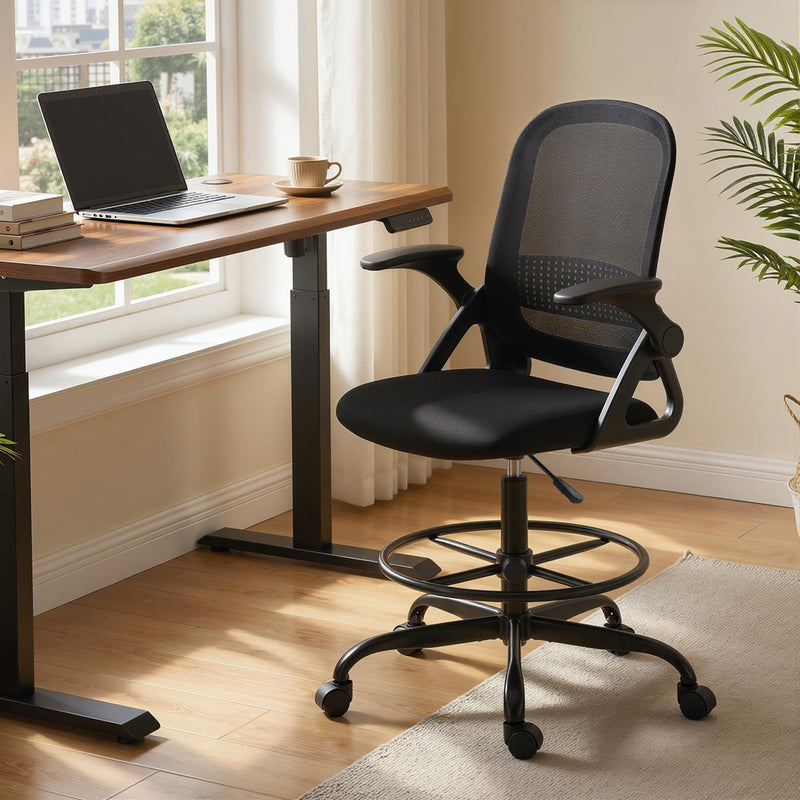 Adjustable Draughtsman Chair with Mesh Back and Flip-Up Arms for Home Office Black AOSOM