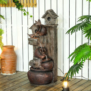 2-in-1 Waterfall Fountain with Birdhouse LED Lights and Pump Tree Trunk Design by Outsunny