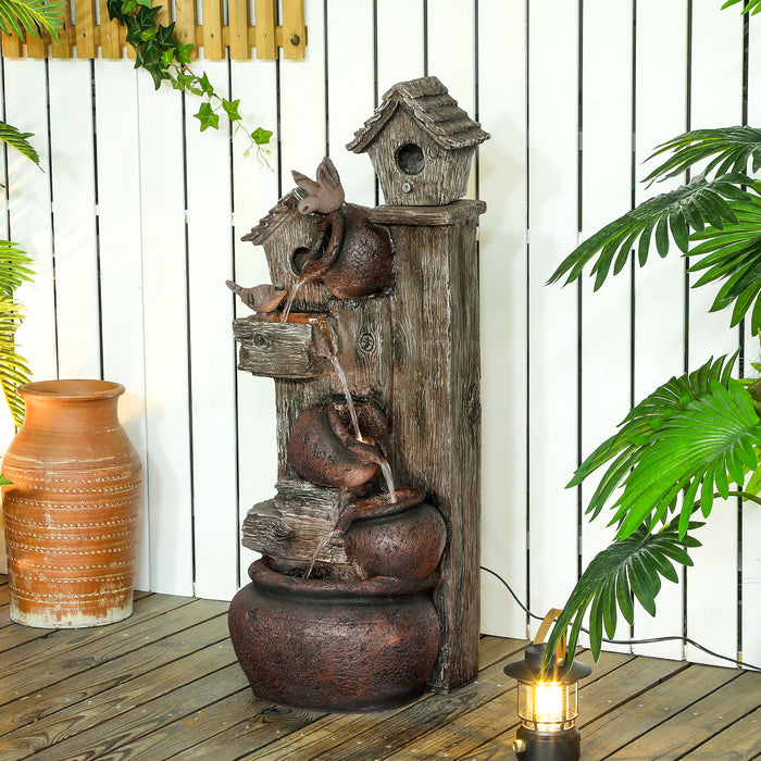2-in-1 Waterfall Fountain with Birdhouse LED Lights and Pump Tree Trunk Design by Outsunny