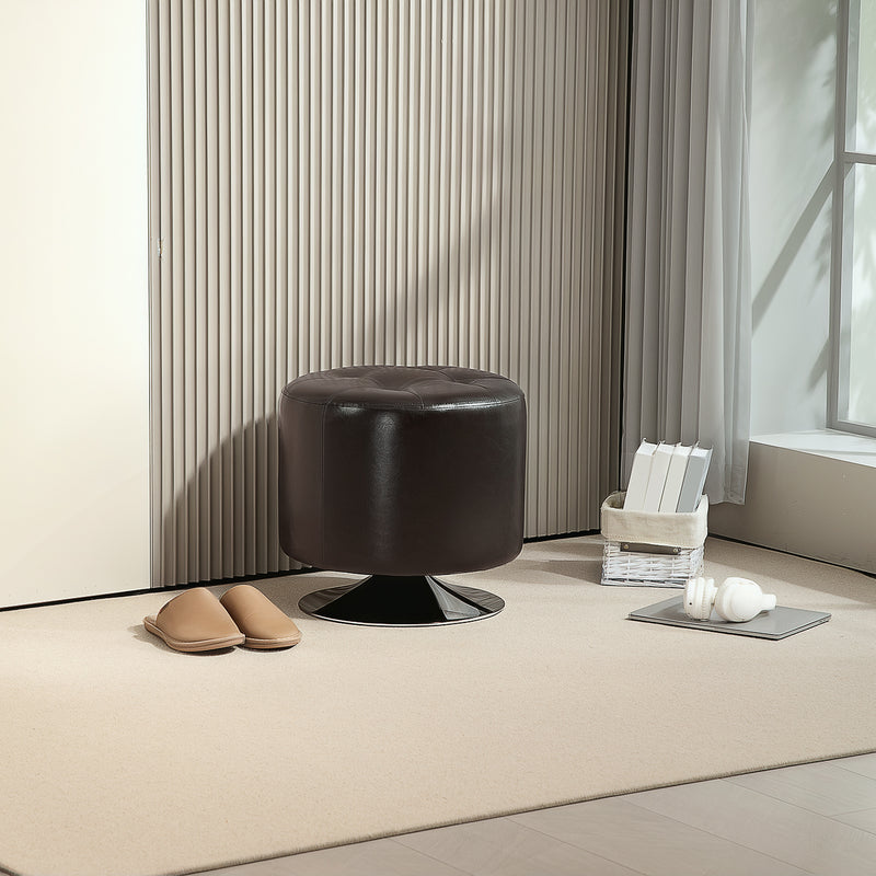 Round Swivel Footstool with Thick Padding and Steel Base Brown Faux Leather by HOMCOM