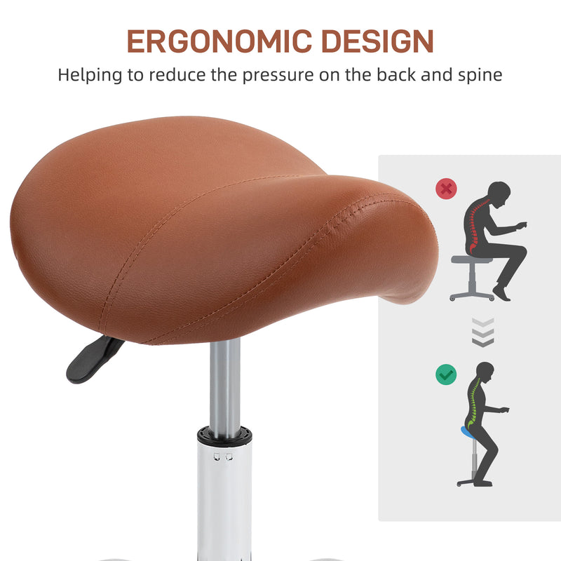 Height Adjustable Saddle Stool for Salon or Spa Use with Faux Leather Seat Brown