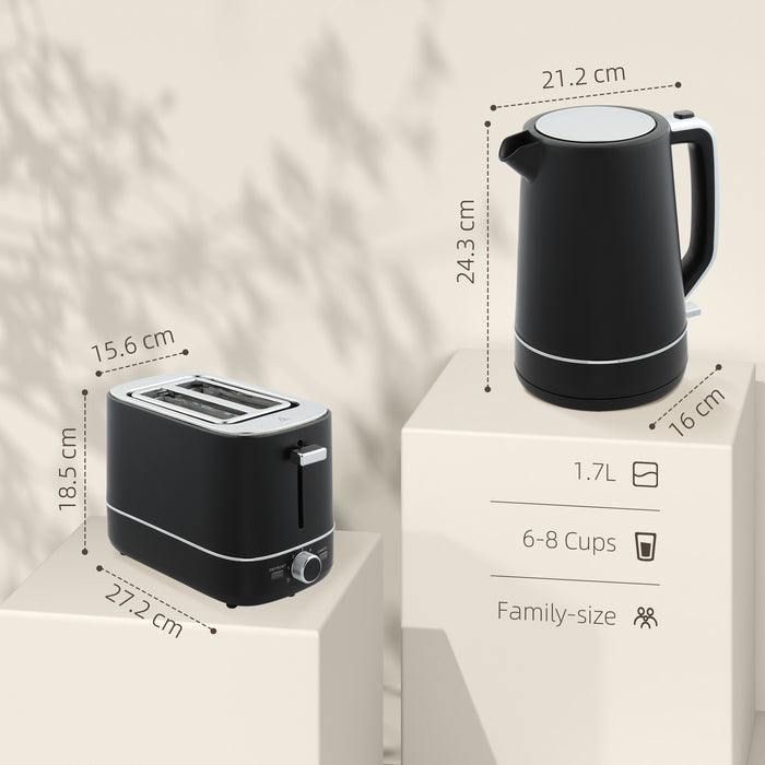Black 1.7L Fast Boil Cordless Kettle and 2 Slice Toaster Set with 6 Browning Levels by HOMCOM