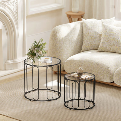 Coffee Tables, Modern Side Tables For Living Room Set of 2 - Tempered Glass & Black Metal Frame Homcom