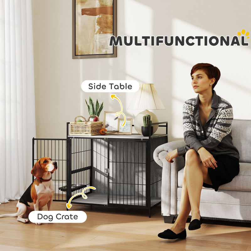 Grey Dog Crate Furniture with Rotating Bowl Holder and Double Doors for Medium Dogs by PawHut