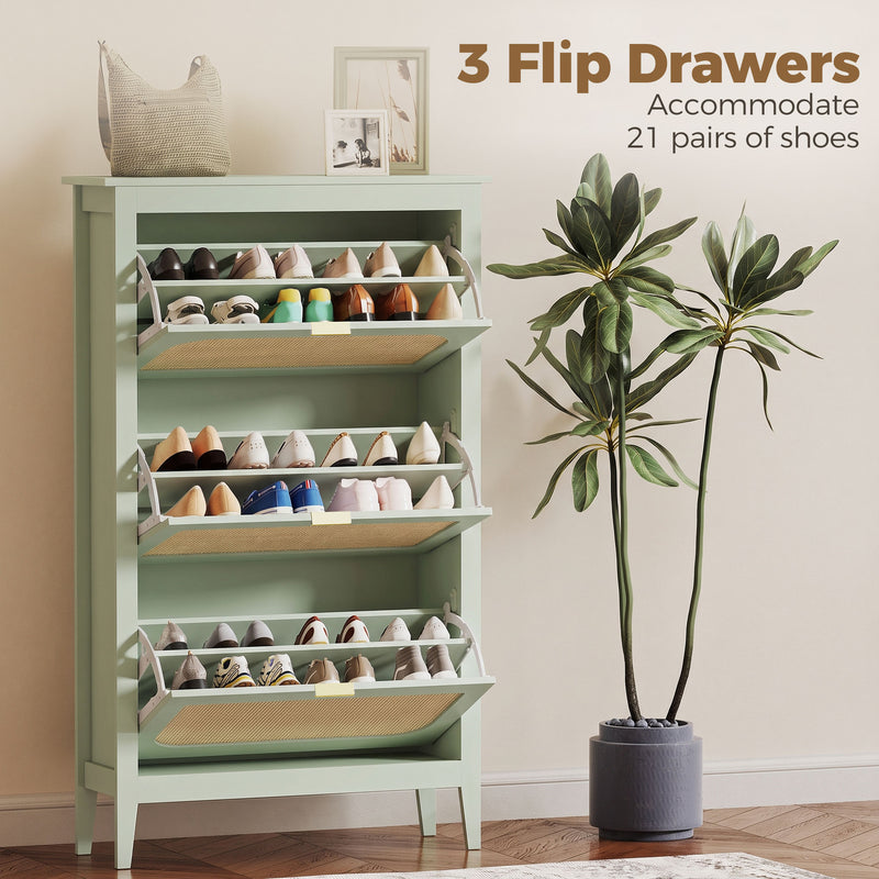Slim Shoe Cabinet for Hallway Storage with 3 Flip Drawers and Adjustable Shelves Light Green