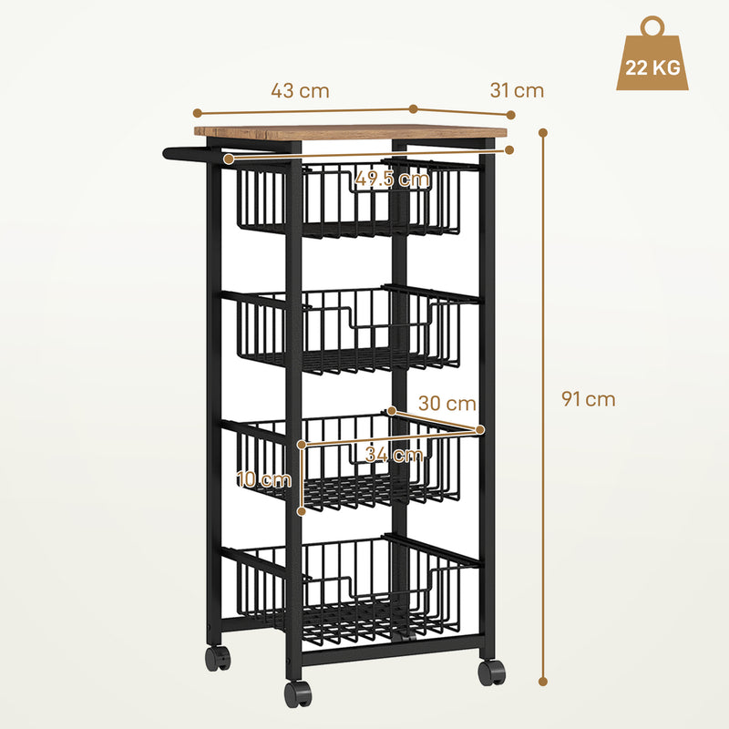 Kitchen Storage Trolley with 4 Mesh Baskets and Wood Effect Top for Extra Worktop Space Oak Black