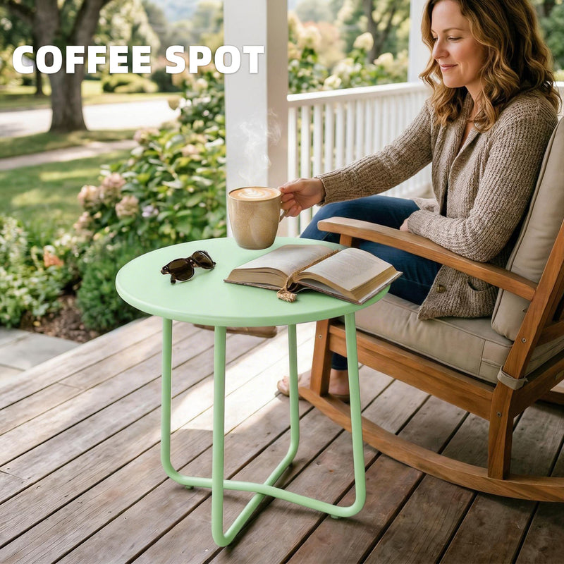 Small Round Garden Side Table with Sturdy Metal Frame and Adjustable Feet for Stable Outdoor Use Green Outsunny