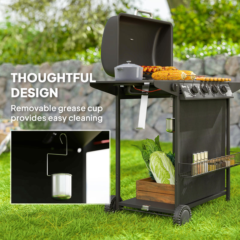 4 Plus 1 Burner Gas BBQ Grill with Thermometer Side Table and Wheels for Outdoor Cooking by Outsunny