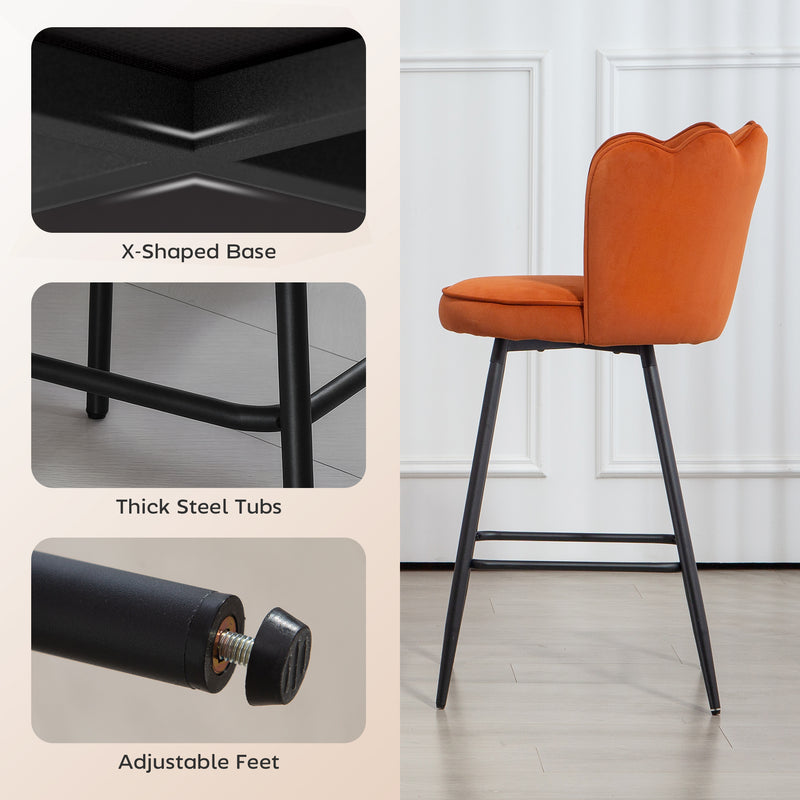 Set of 2 Orange Velvet Touch Bar Stools with Swivel and Footrest for Kitchen Island 