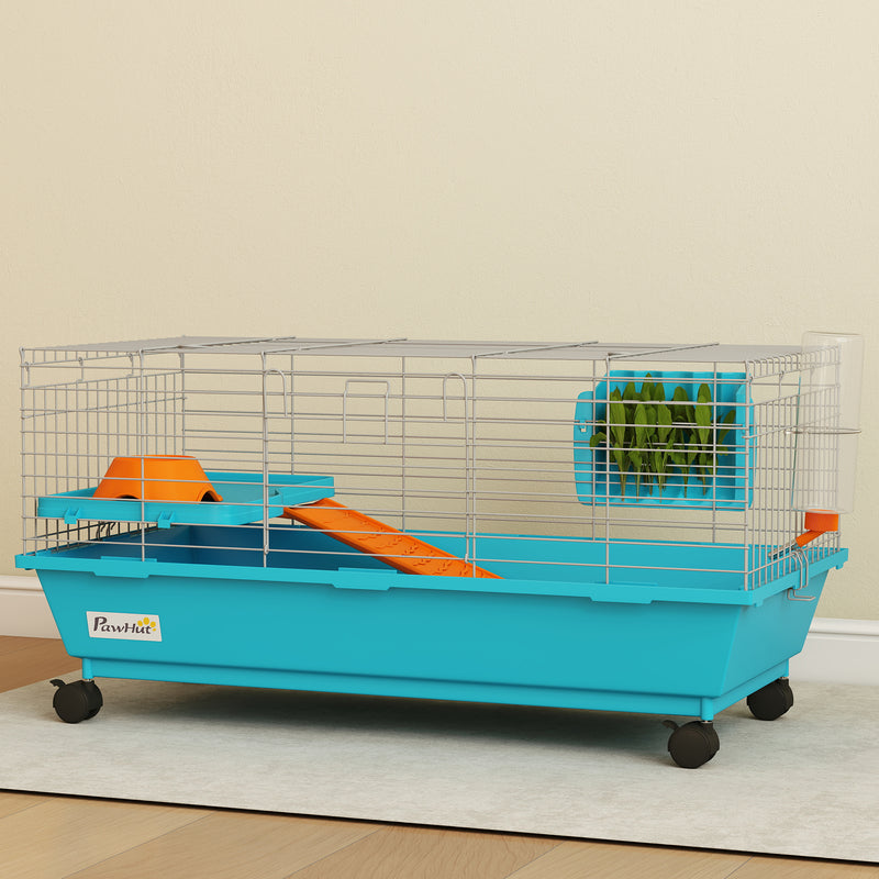 Small Animal Cage with Deep Base and Easy Access Doors for Rabbits and Guinea Pigs Blue AOSOM