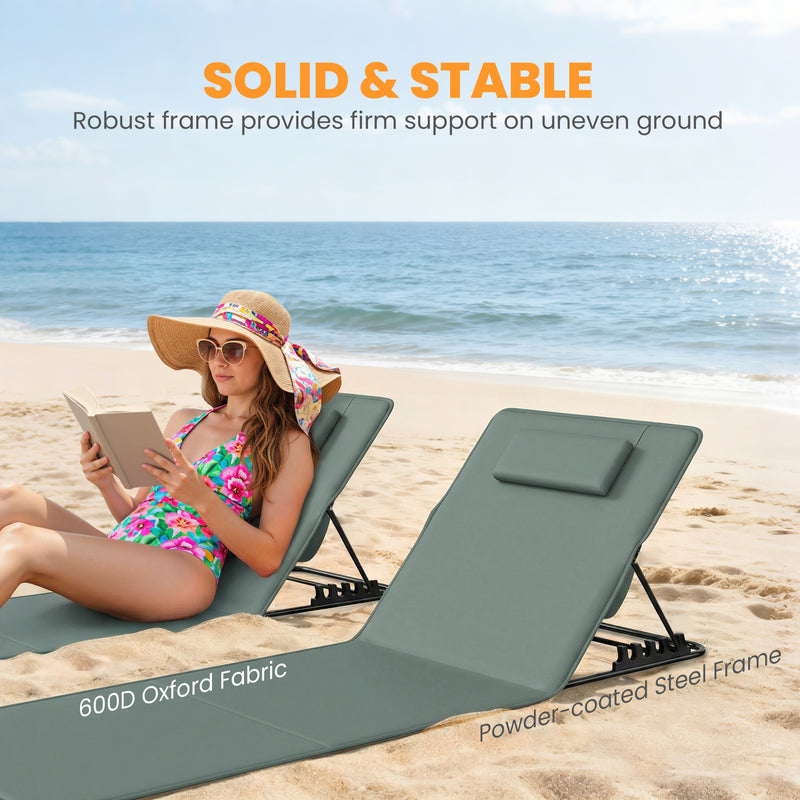 Folding Beach Loungers Set of 2 with Adjustable Backrest and Side Pocket Grey