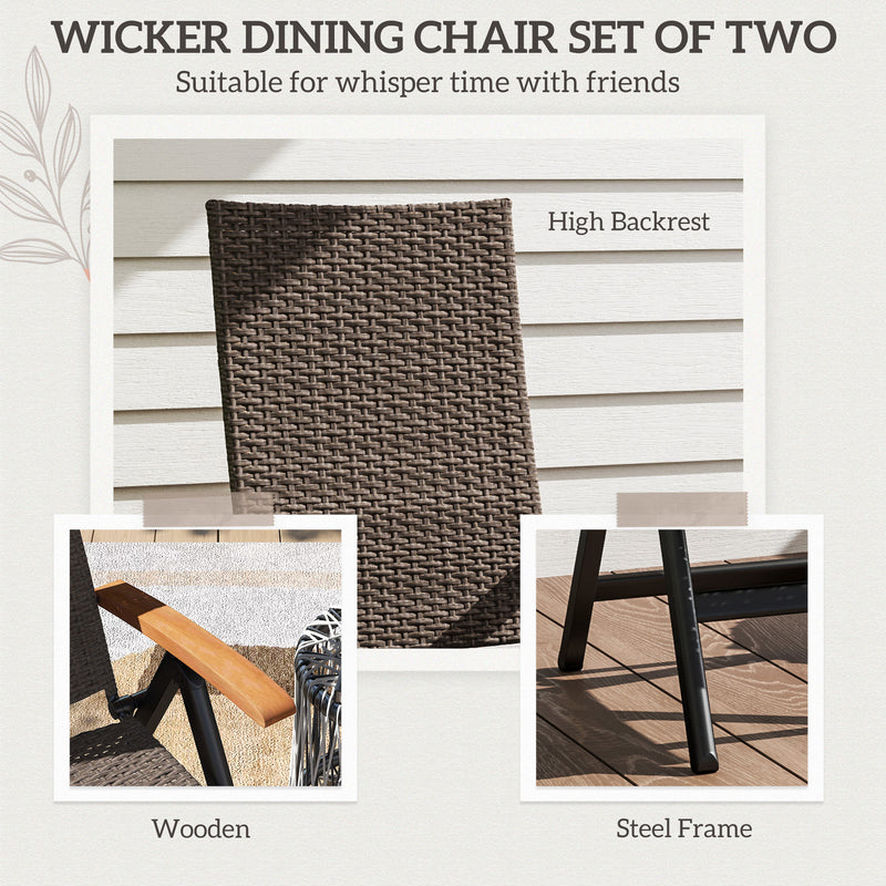 2 Piece Foldable Outdoor Dining Chairs with Armrests and High Backrest for Garden and Camping Brown Rattan by Outsunny