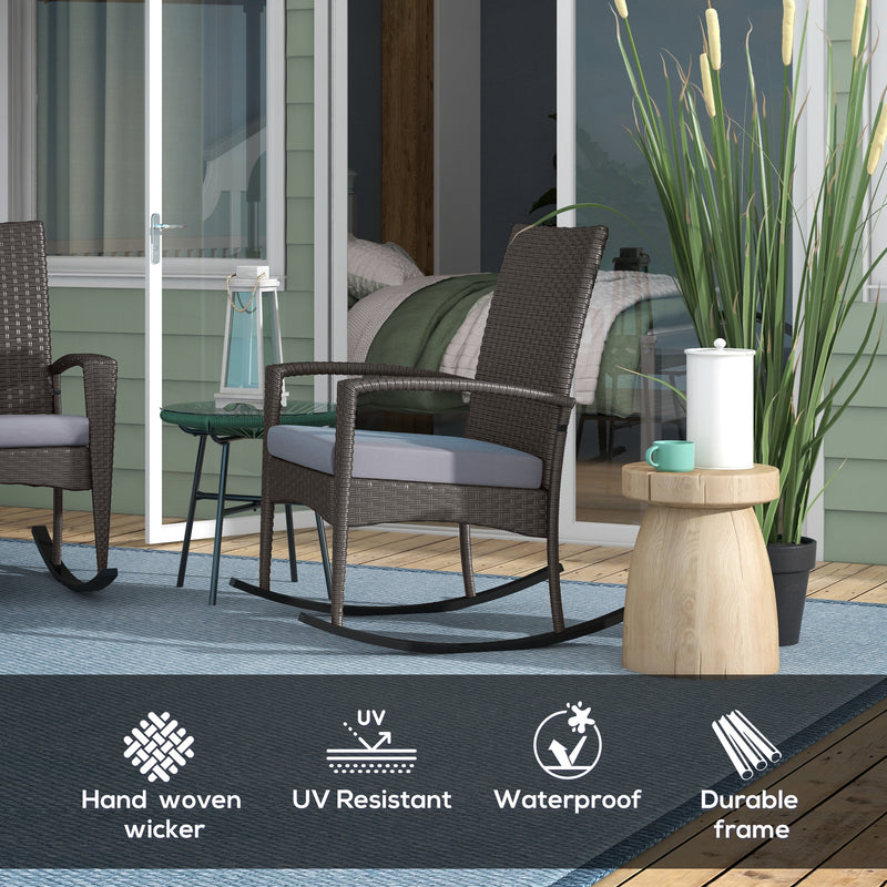 Set of 2 Rattan Garden Rocking Chairs With Cushions and Armrests For Outdoor Use, Grey