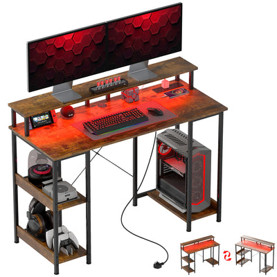 Rustic Brown Computer Desk with LED Lights and Power Outlets 120cm by HOMCOM