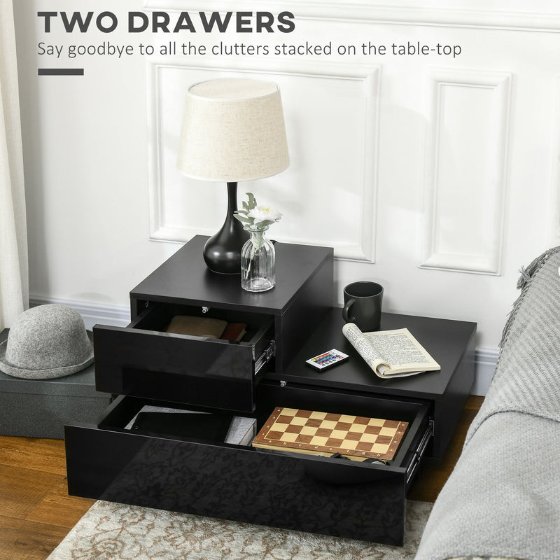 Black High Gloss Bedside Table with RGB LED Lights and Storage Drawers for Bedroom