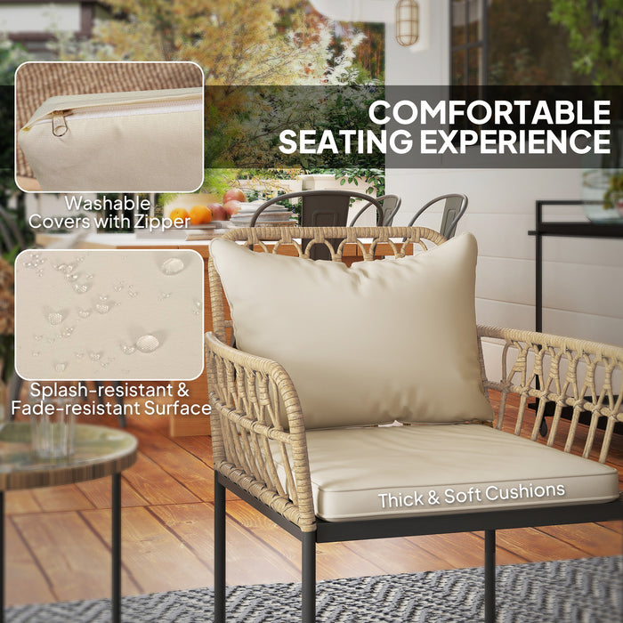 Beige 3 Piece Rattan Bistro Set with Cushions and Glass Top Table for Garden or Balcony by Outsunny