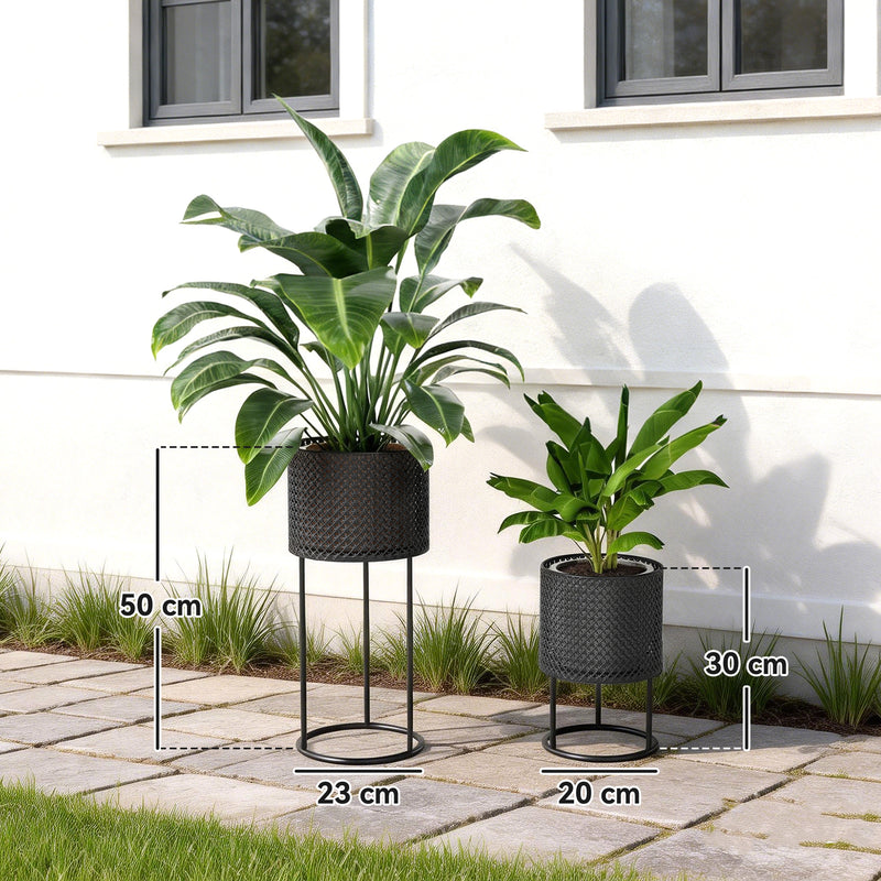 Metal Planter Set of 2 for Indoor or Outdoor Plants with Modern Woven Design Black AOSOM