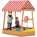 Wooden Kids Sandpit Boat Style with Canopy 4 Seats Rudder and Bottom Liner by AIYAPLAY