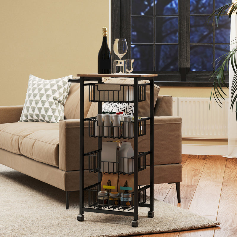 Kitchen Storage Trolley with 4 Mesh Baskets and Wood Effect Top for Extra Worktop Space Oak Black