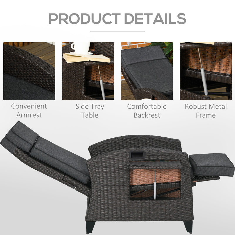 Grey Outdoor Reclining Garden Chair with Footrest Cushion and Side Tray for Relaxing