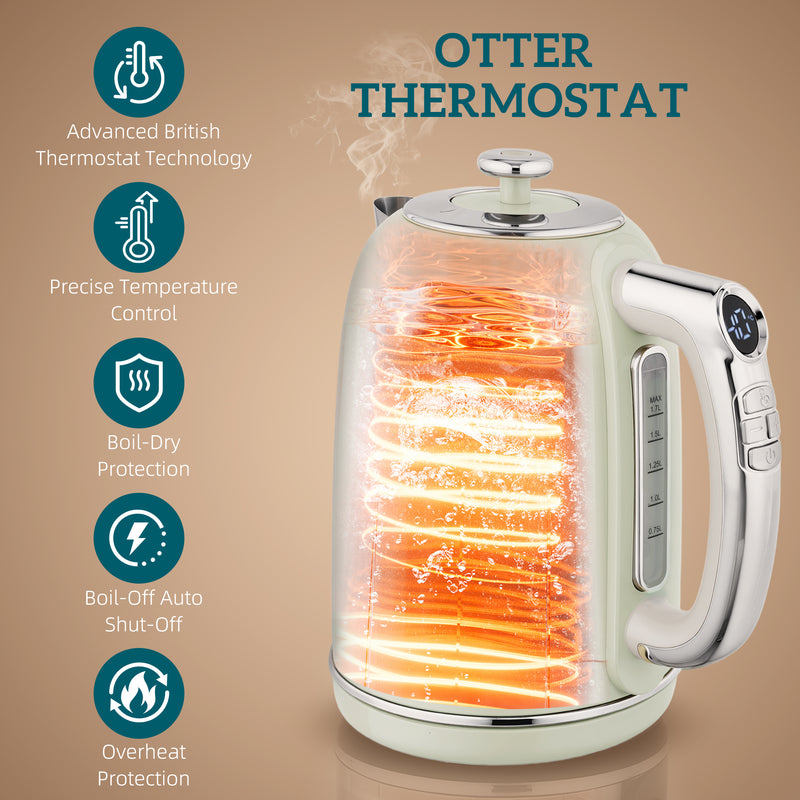 Green Retro Kettle and Toaster Set with Adjustable Temperature Ideal for Breakfast