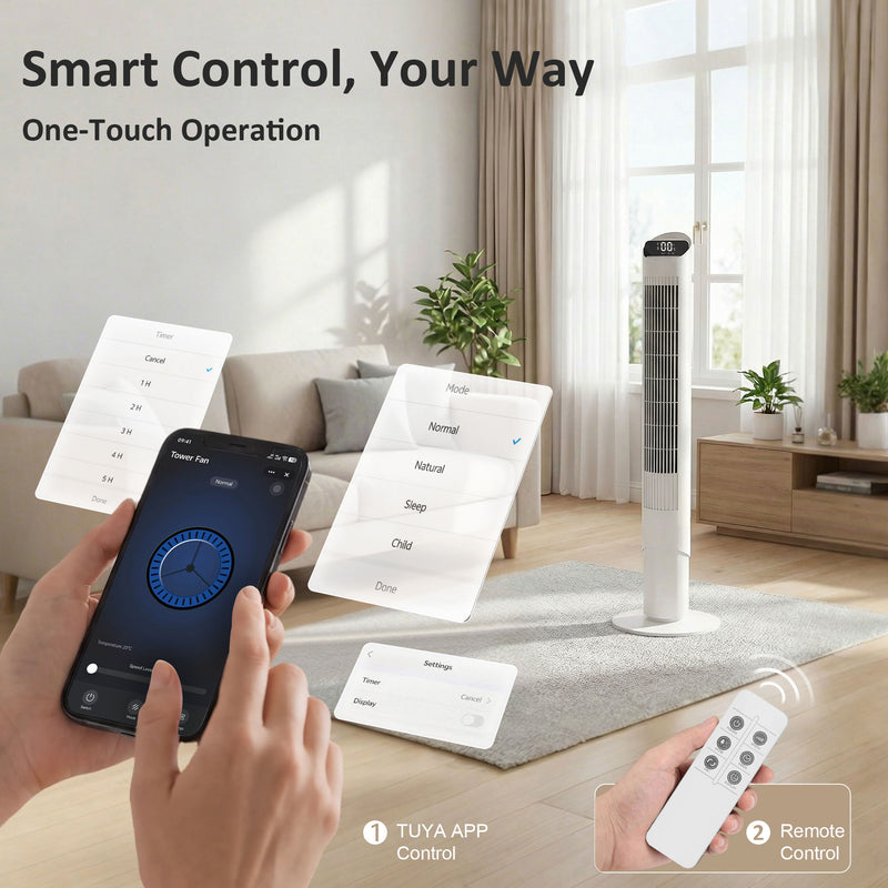 Tower Fan for Bedrooms and Living Rooms with Quiet Operation and Smart Controls White AOSOM
