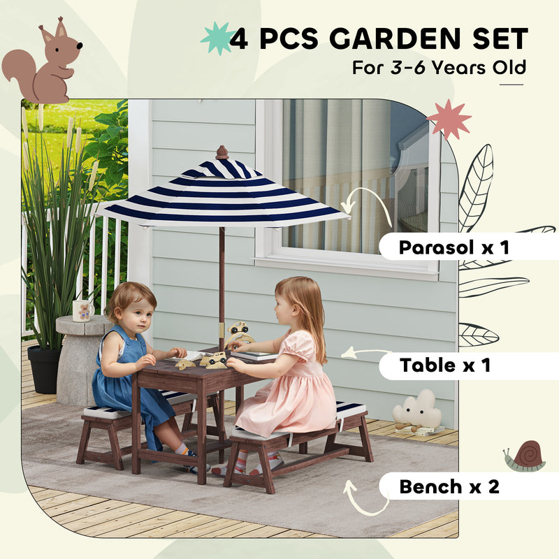 Kids Garden Table and Bench Set with Cushions and Removable Umbrella for Outdoor Play Navy Blue